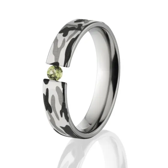 Peridot, 5mm Camo Titanium Ring, Tension Set Ring