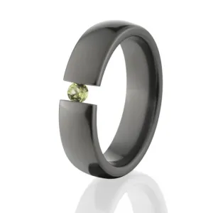 Peridot 6mm Black Zirconium Ring, Tension Set Ring