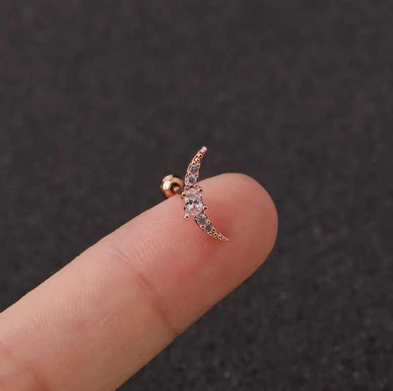 Pierced Stainless Steel Thin Rod Zircon Screw Earrings