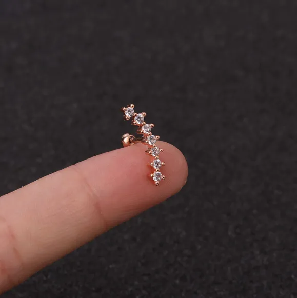 Pierced Stainless Steel Thin Rod Zircon Screw Earrings