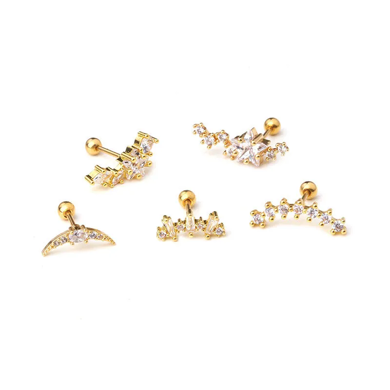 Pierced Stainless Steel Thin Rod Zircon Screw Earrings