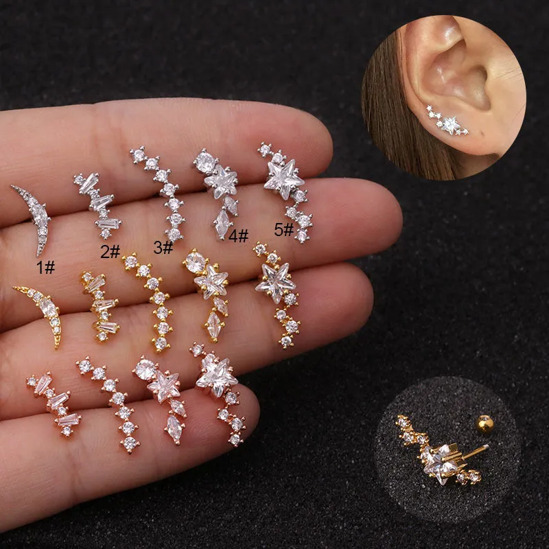 Pierced Stainless Steel Thin Rod Zircon Screw Earrings