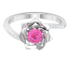 Pink Sapphire and Diamond Flower Engagement Ring with Bypass Shank