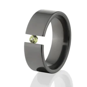 Pipe Cut Peridot Ring, Black Tension Set Ring, 8mm Ring