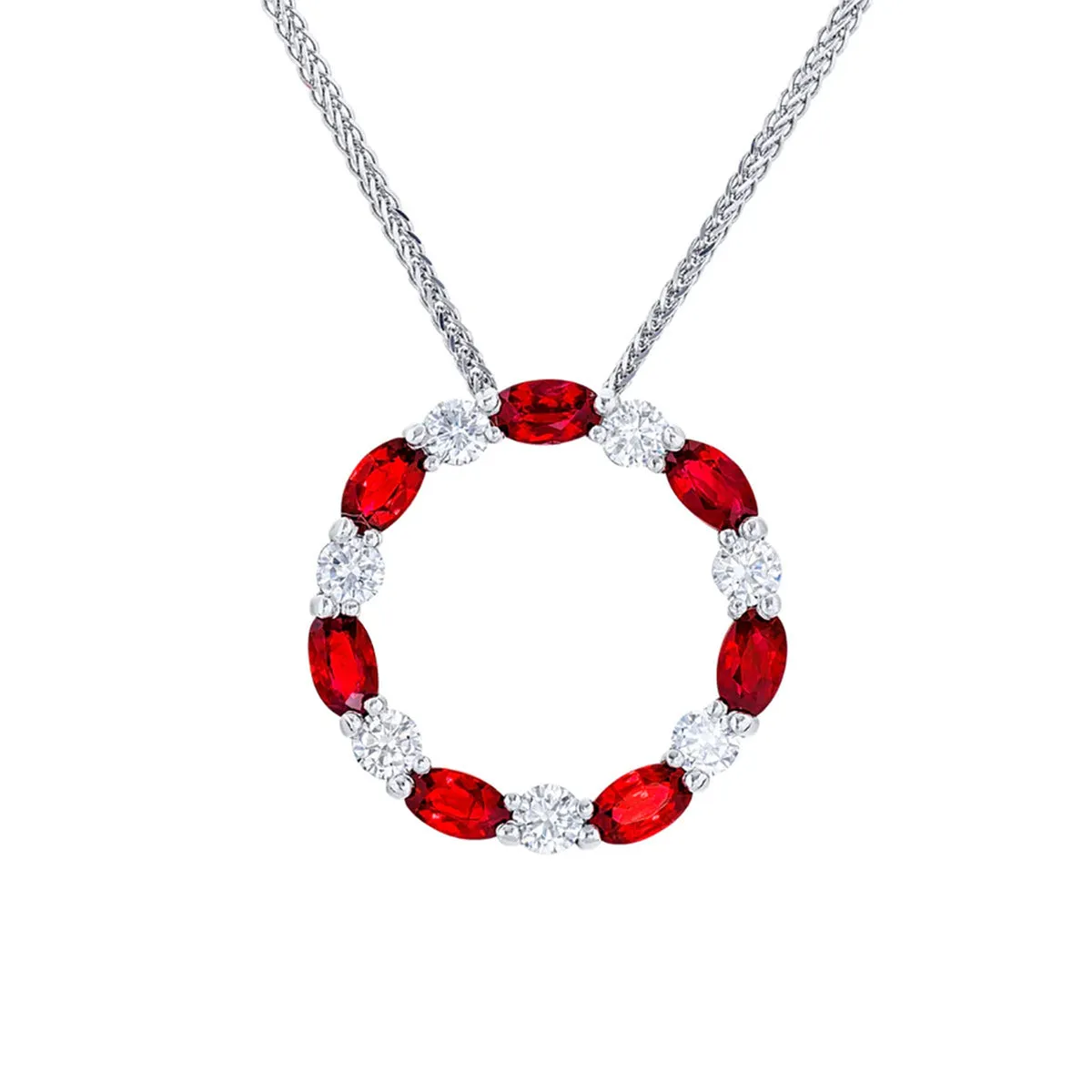 Platinum Ruby and Diamond Circle Pendant Necklace