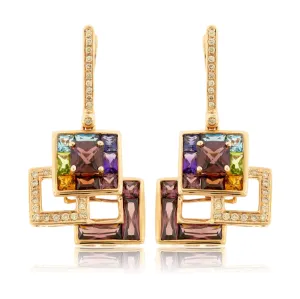 Rainbow Mixed Gemstone & Diamond Dangle Square Earrings