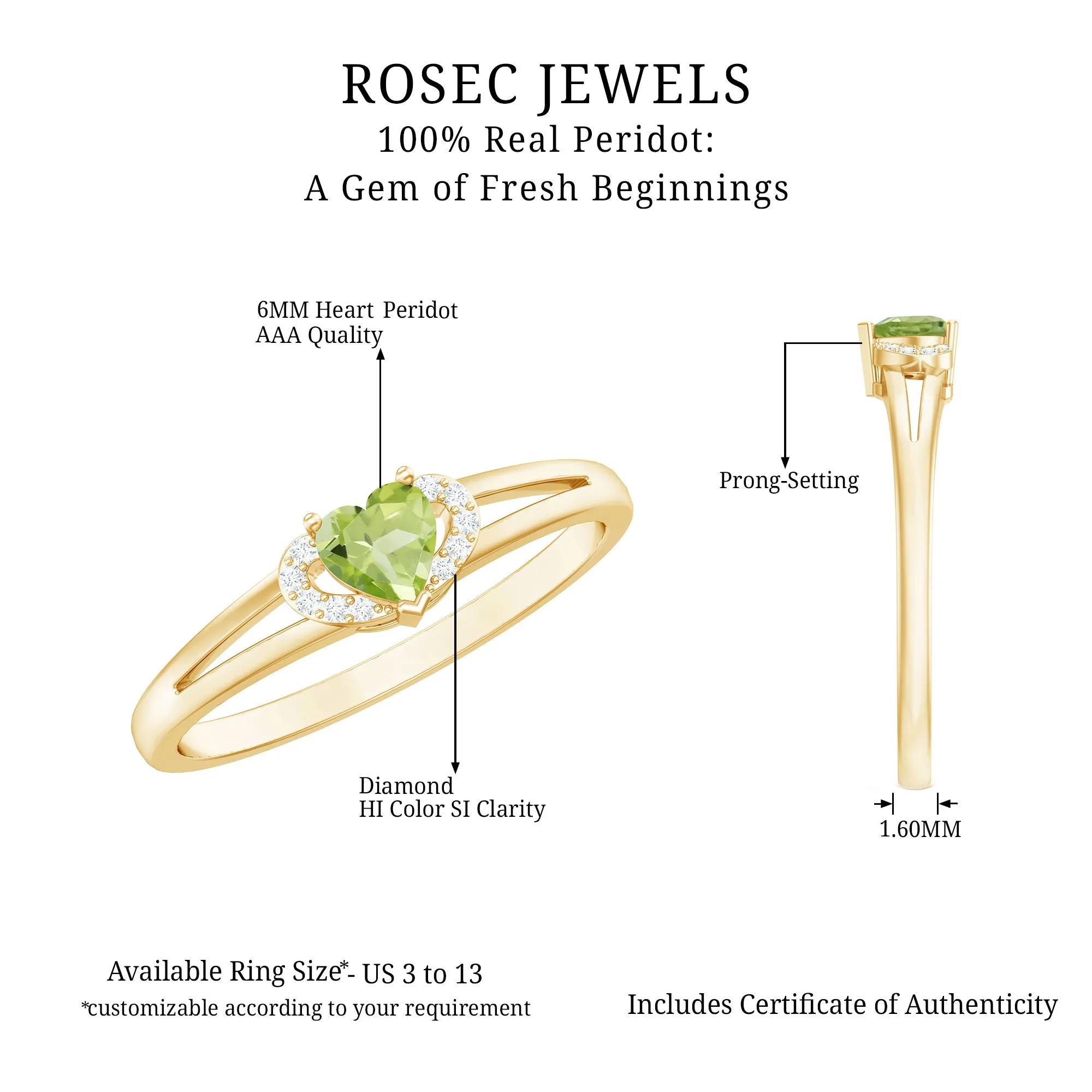 Real Peridot Heart Promise Ring with Diamond