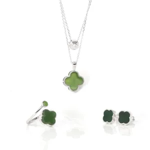 RealJade® "Lucky Clover" Sterling Silver Real Green Nephrite Jade Set