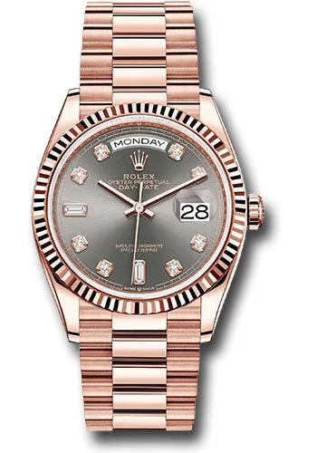 Rolex Everose Gold Day-Date 36 Watch - Fluted Bezel - Slate Diamond Dial - President Bracelet - 128235 sldp