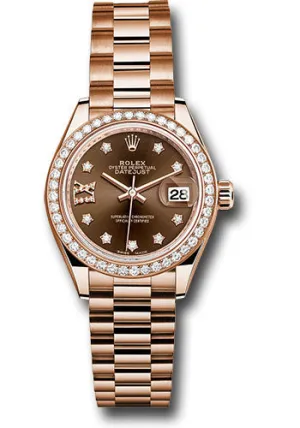 Rolex Everose Gold Lady-Datejust 28 Watch - 44 Diamond Bezel - Chocolate Diamond Star Dial - President Bracelet - 279135RBR cho9dix8dp