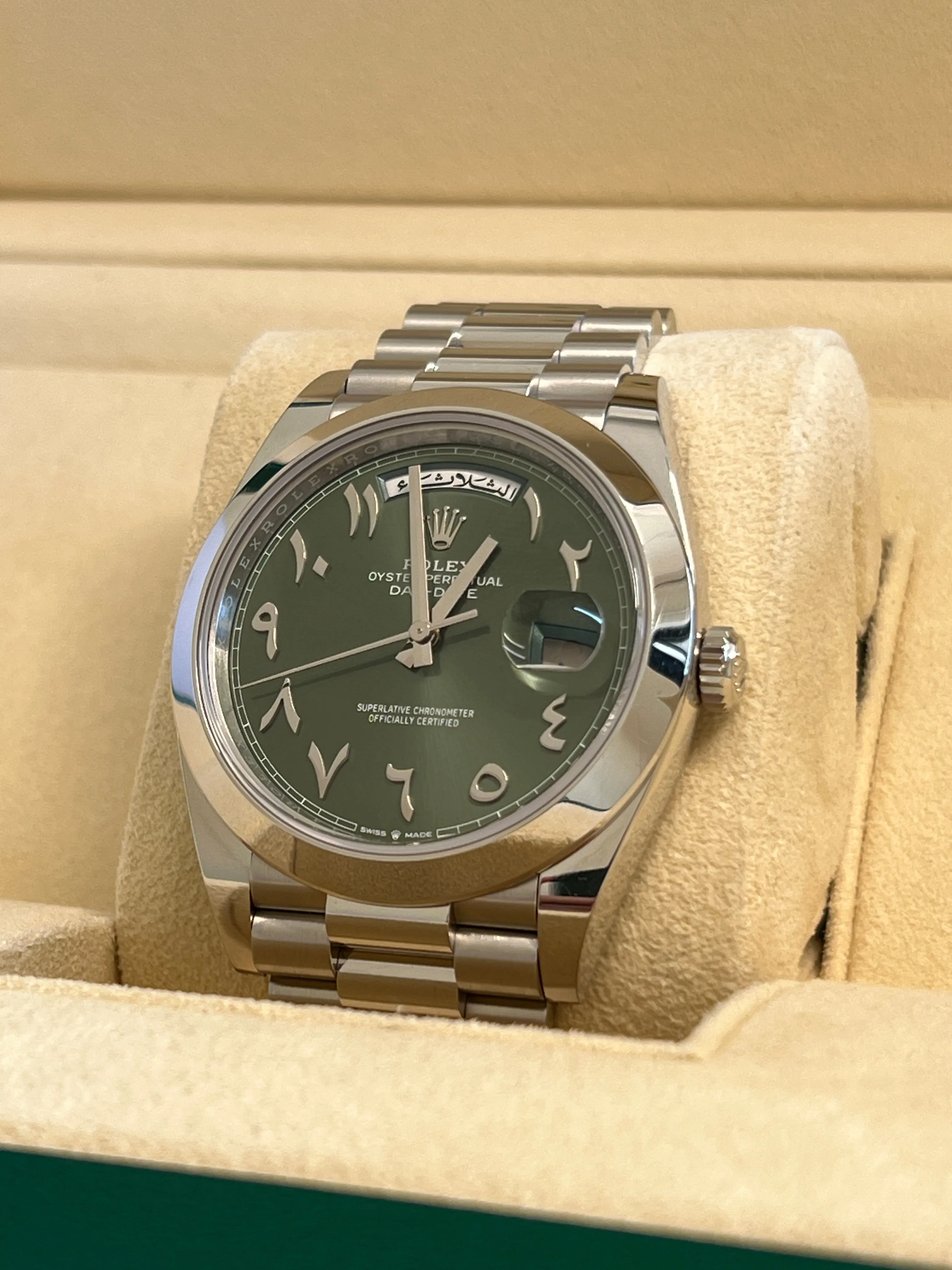 Rolex - Pre-owned Platinum Day-Date Presidential Olive Green Arabic Dial 228206