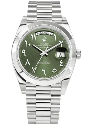 Rolex - Pre-owned Platinum Day-Date Presidential Olive Green Arabic Dial 228206