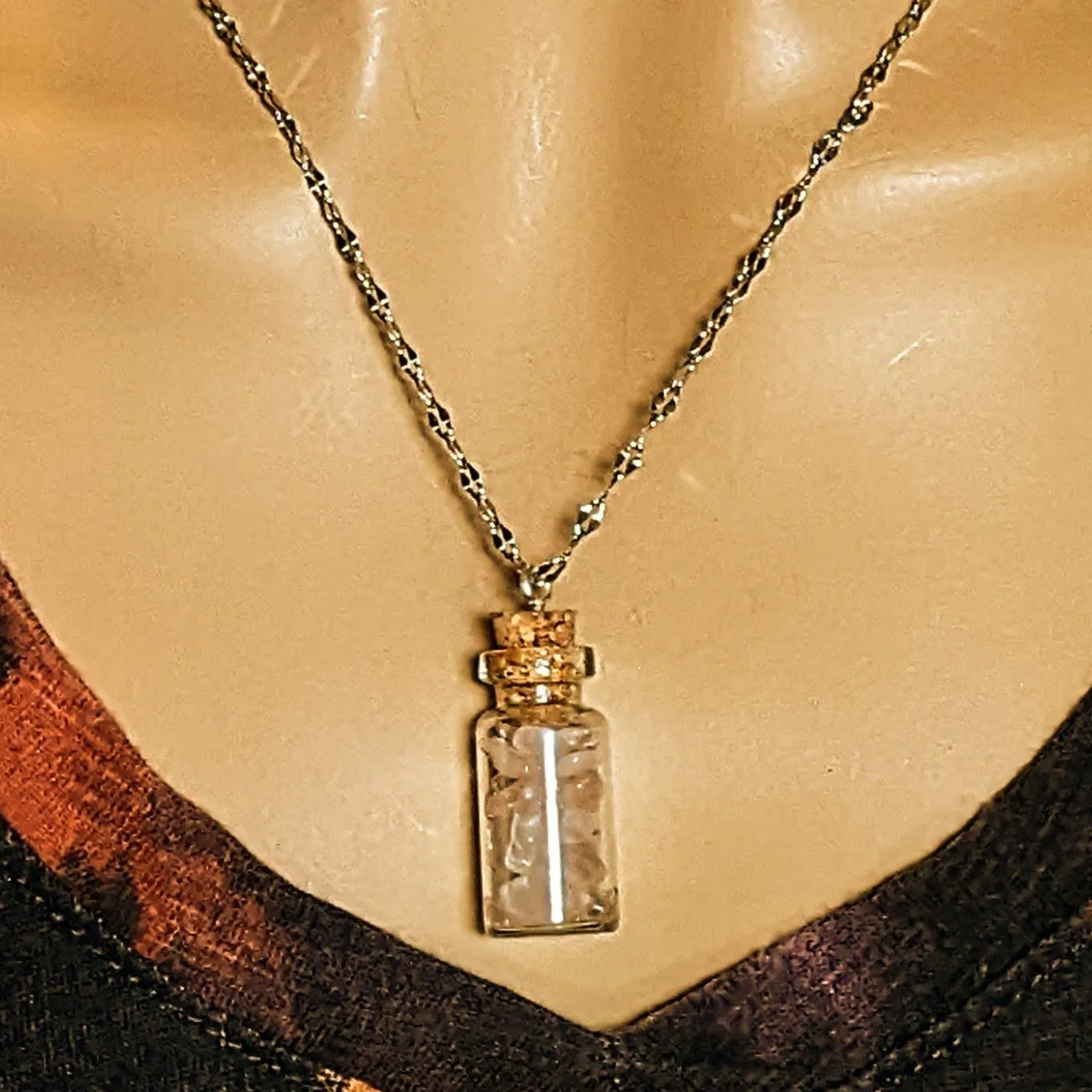 Rose Quartz Gemstone Bottle Necklace, 20 or 24 inch, Silver/Gold