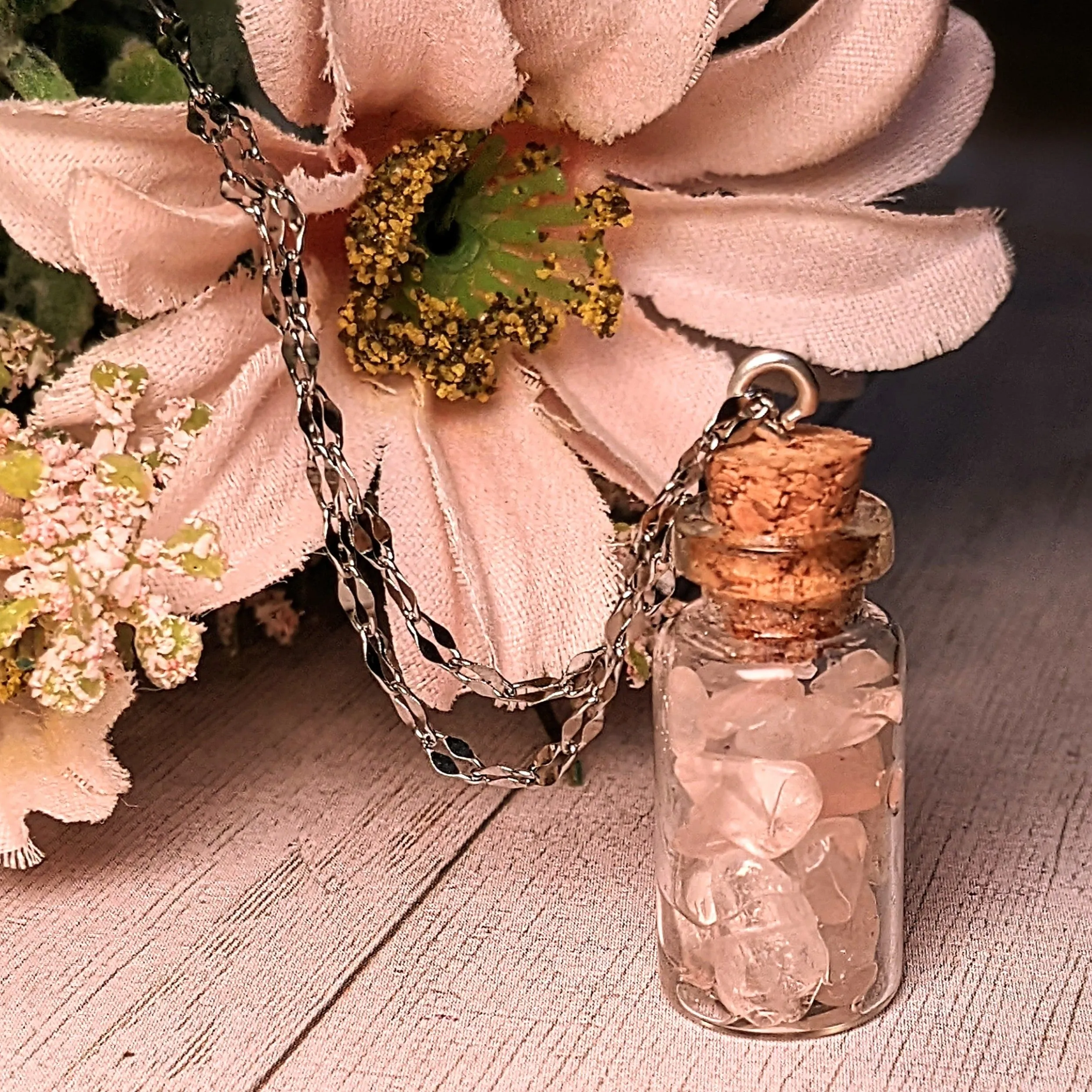 Rose Quartz Gemstone Bottle Necklace, 20 or 24 inch, Silver/Gold