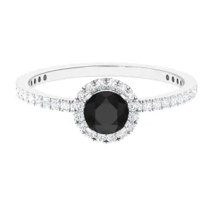 Round Shape Black Onyx Halo Engagement Ring with Diamond