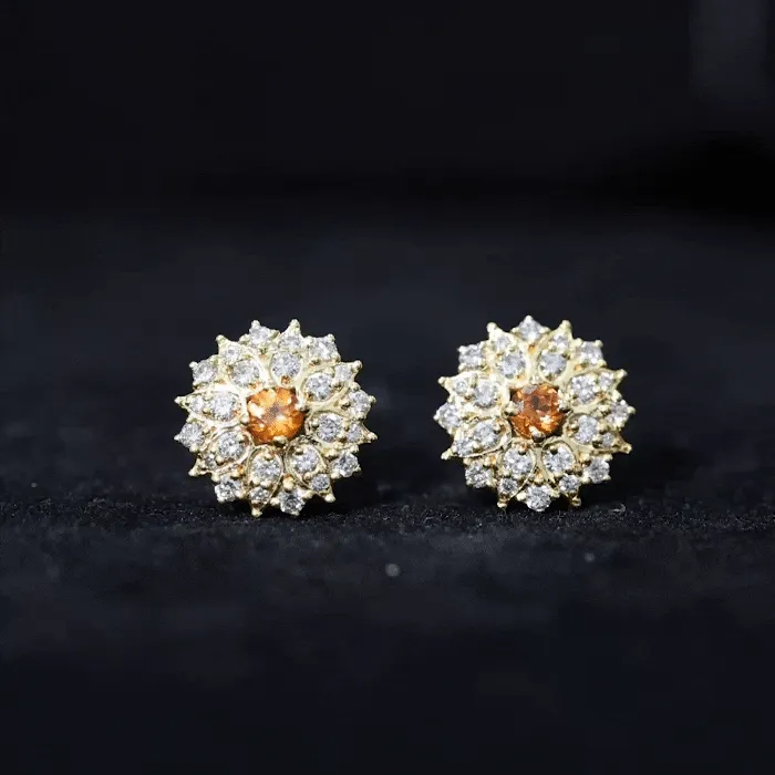 Round Shape Orange Sapphire and Diamond Floral Stud Earrings