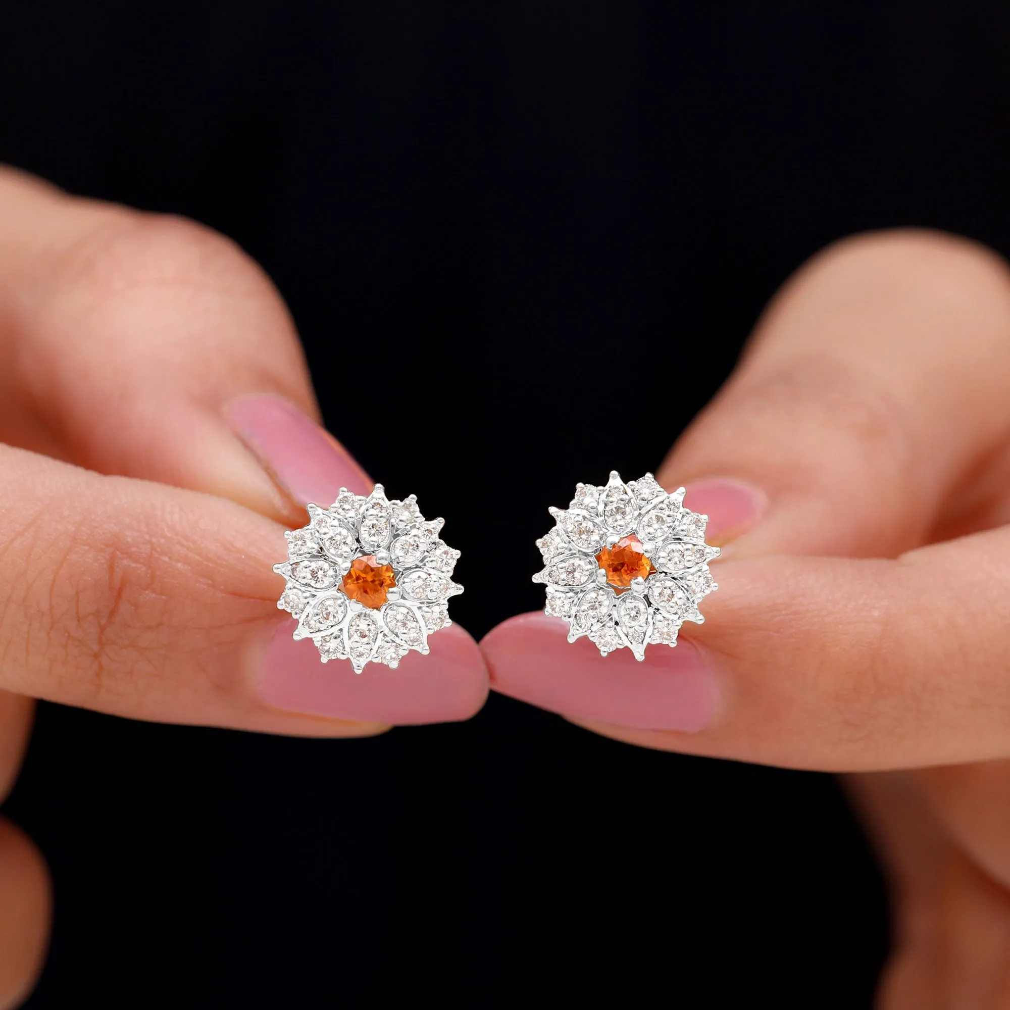 Round Shape Orange Sapphire and Diamond Floral Stud Earrings