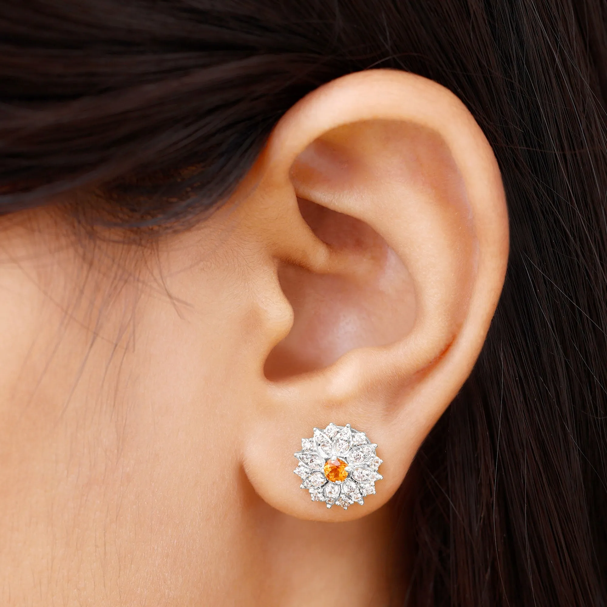 Round Shape Orange Sapphire and Diamond Floral Stud Earrings