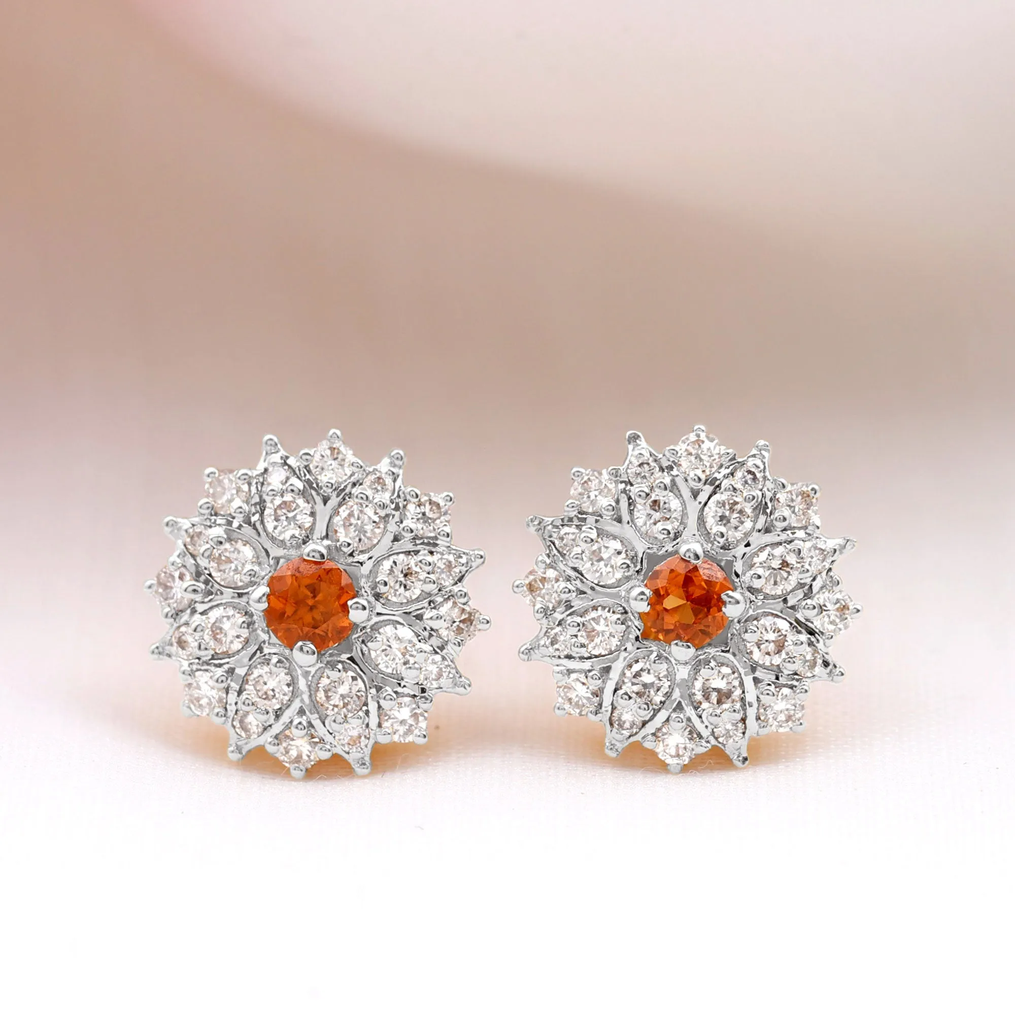 Round Shape Orange Sapphire and Diamond Floral Stud Earrings