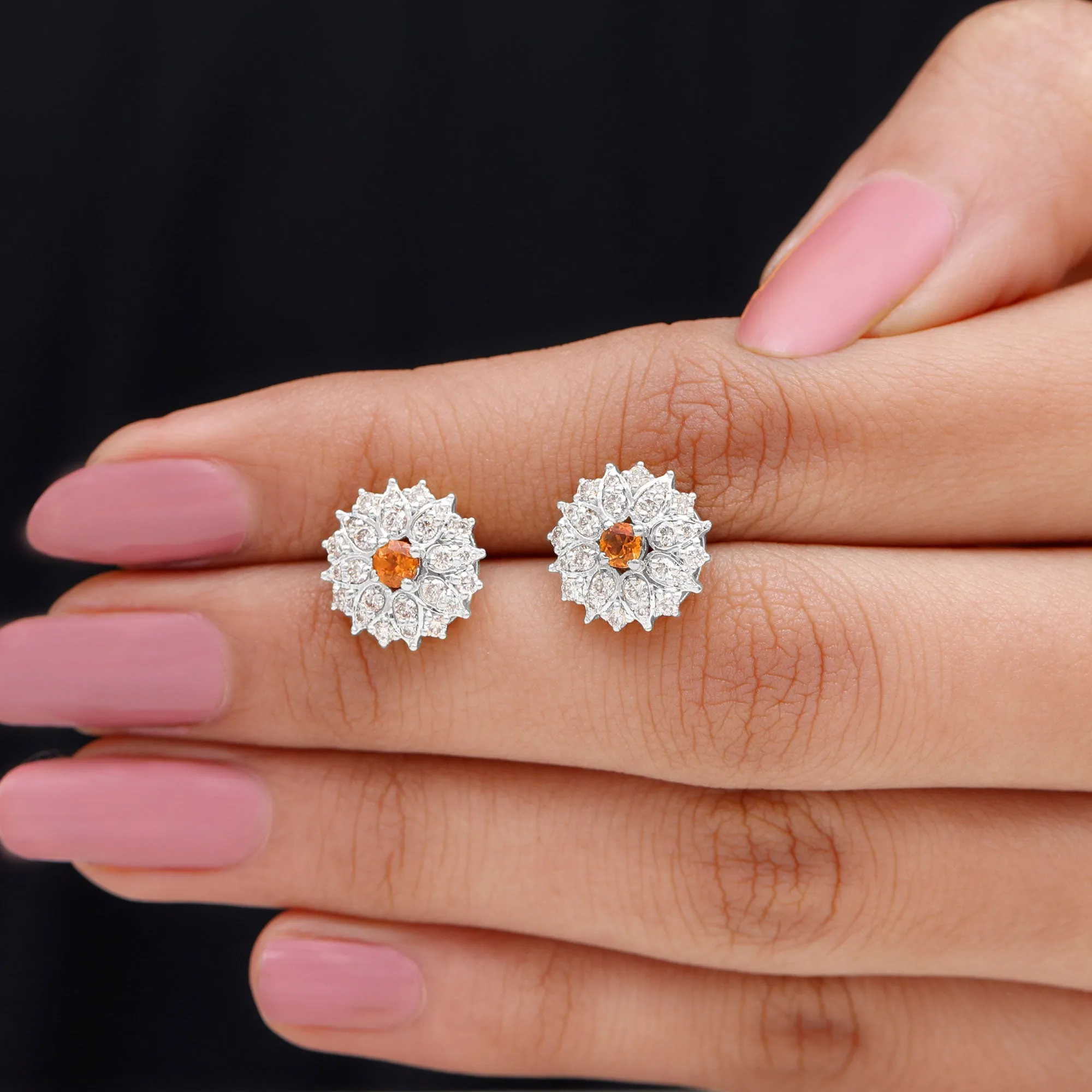 Round Shape Orange Sapphire and Diamond Floral Stud Earrings