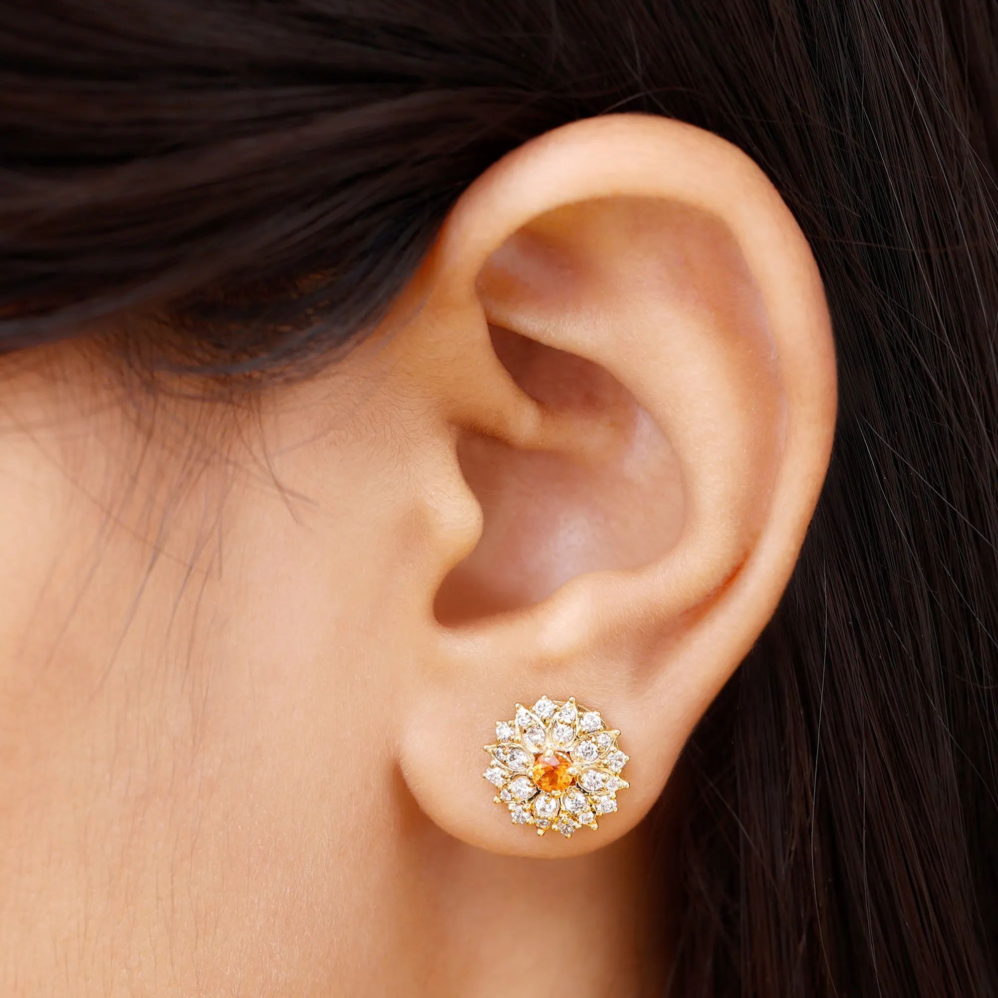 Round Shape Orange Sapphire and Diamond Floral Stud Earrings