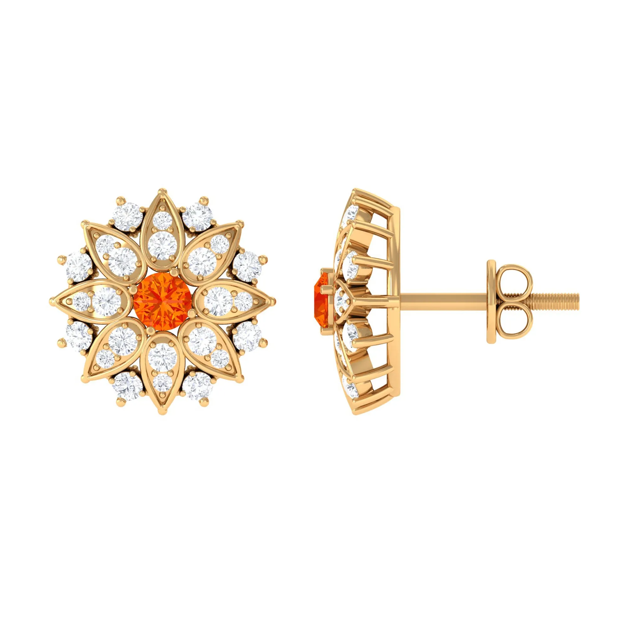 Round Shape Orange Sapphire and Diamond Floral Stud Earrings