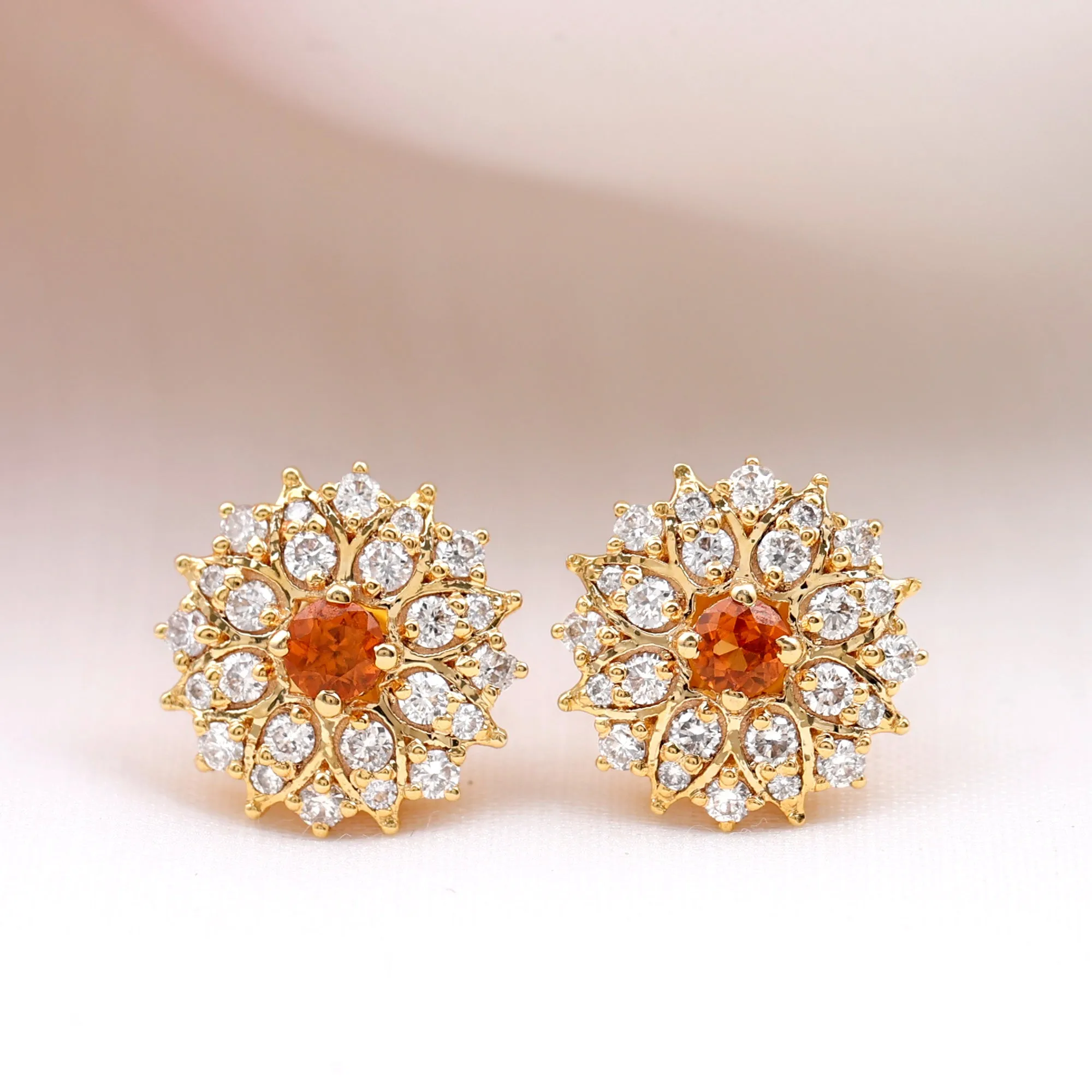 Round Shape Orange Sapphire and Diamond Floral Stud Earrings