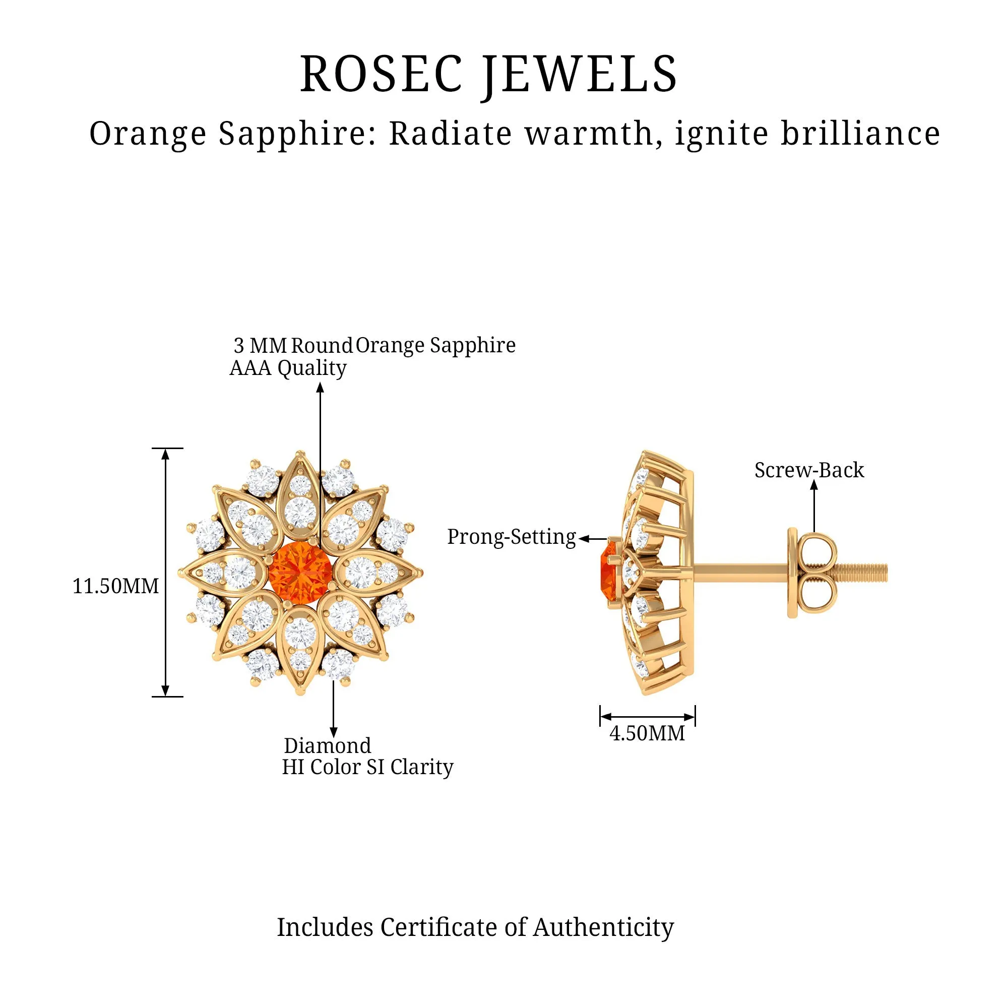 Round Shape Orange Sapphire and Diamond Floral Stud Earrings