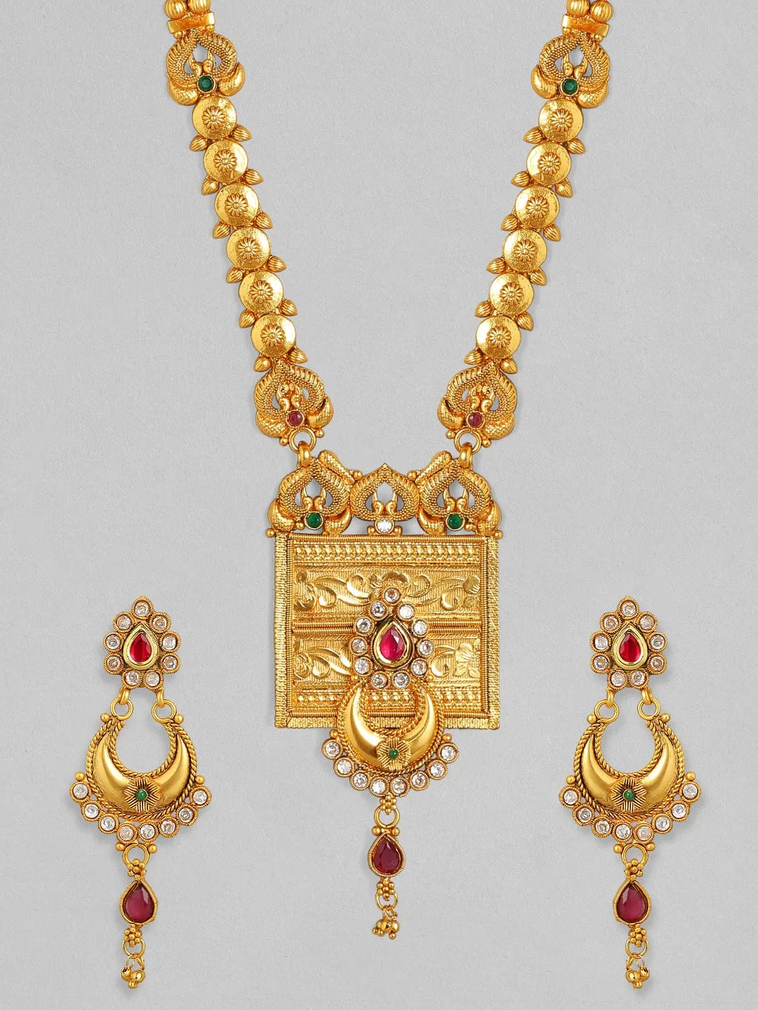 Rubans 24K Gold Plated Handcrafted Filigree Ruby Studded Necklace Set