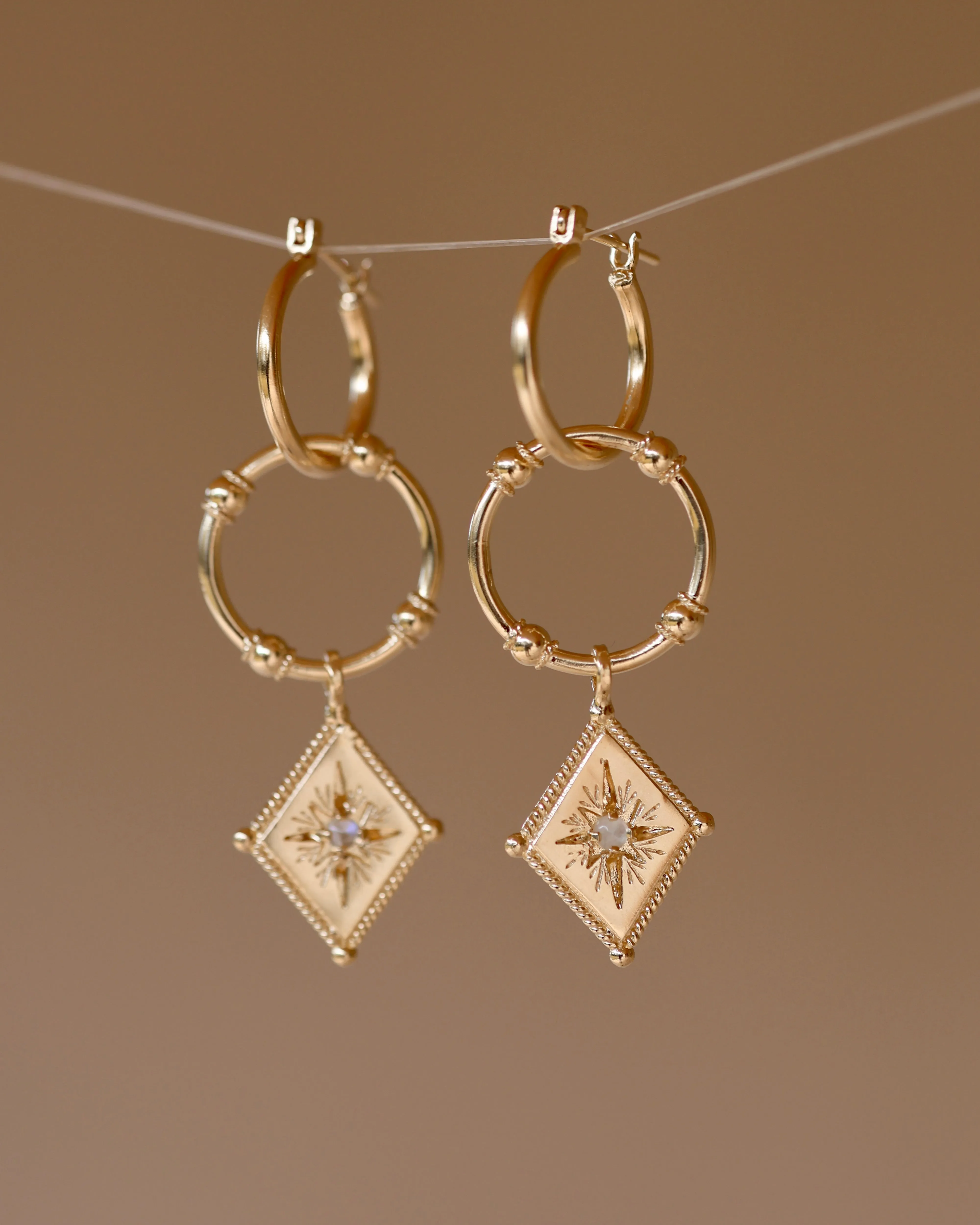 Star Crossed Lovers Gold Rainbow Moonstone Earrings