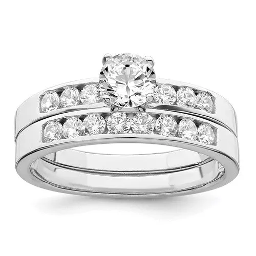 Sterling Silver CZ Round Two Piece Channel Set Wedding Rings Set