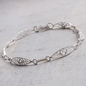 Sterling Silver Filigree Heart Motif Link Bracelet from Peru - Sweet Hearts | NOVICA