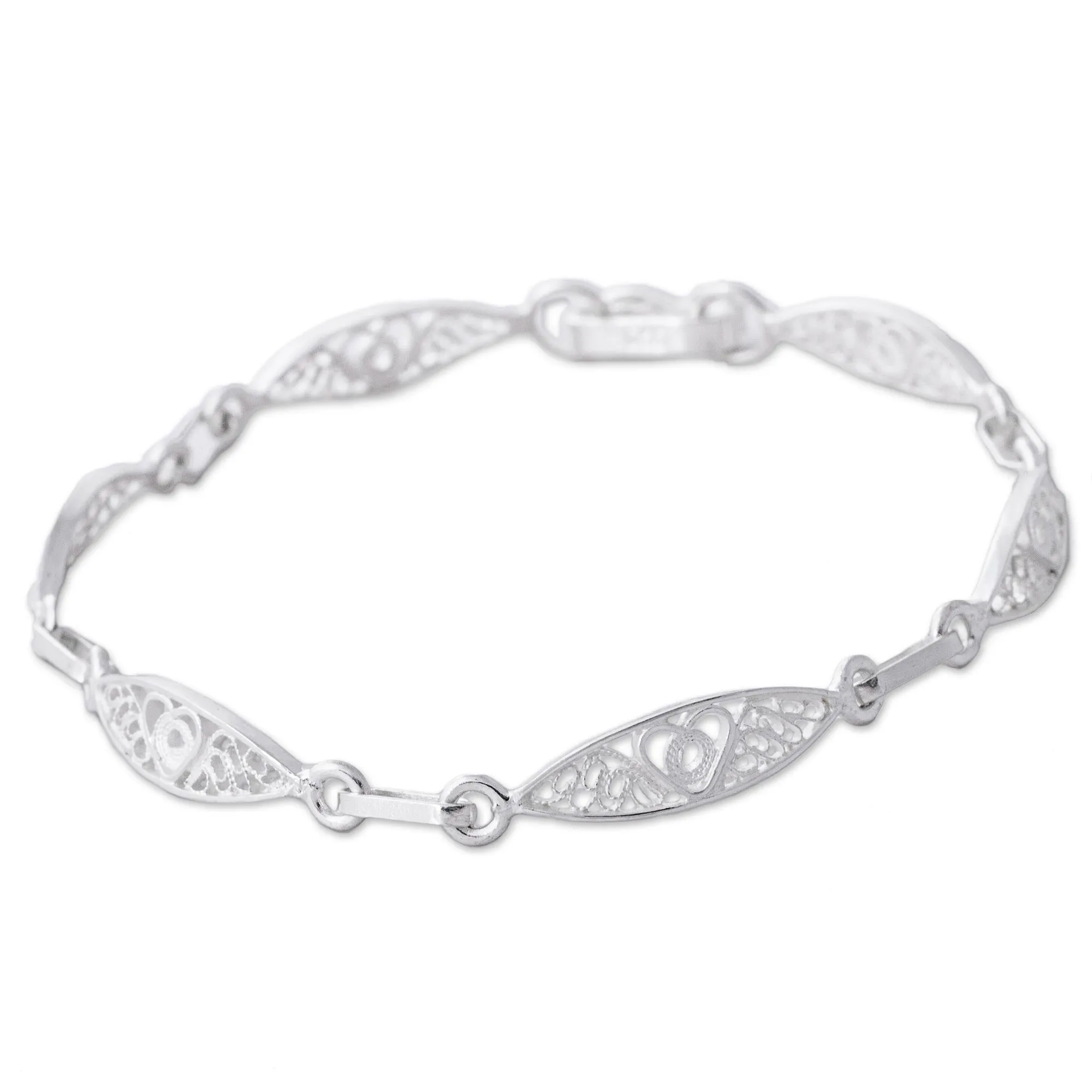 Sterling Silver Filigree Heart Motif Link Bracelet from Peru - Sweet Hearts | NOVICA