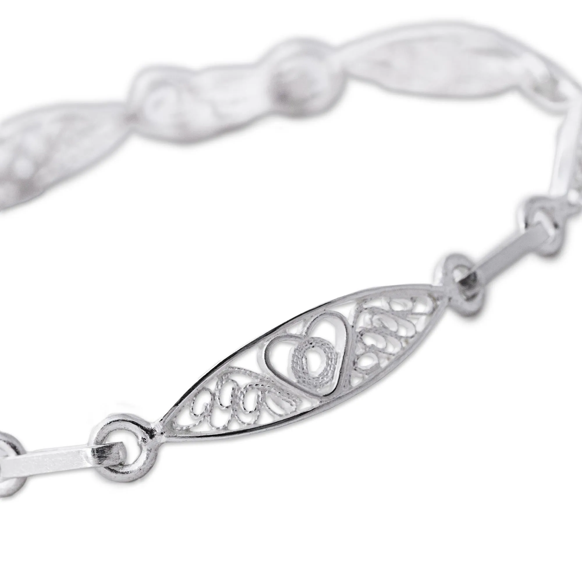 Sterling Silver Filigree Heart Motif Link Bracelet from Peru - Sweet Hearts | NOVICA