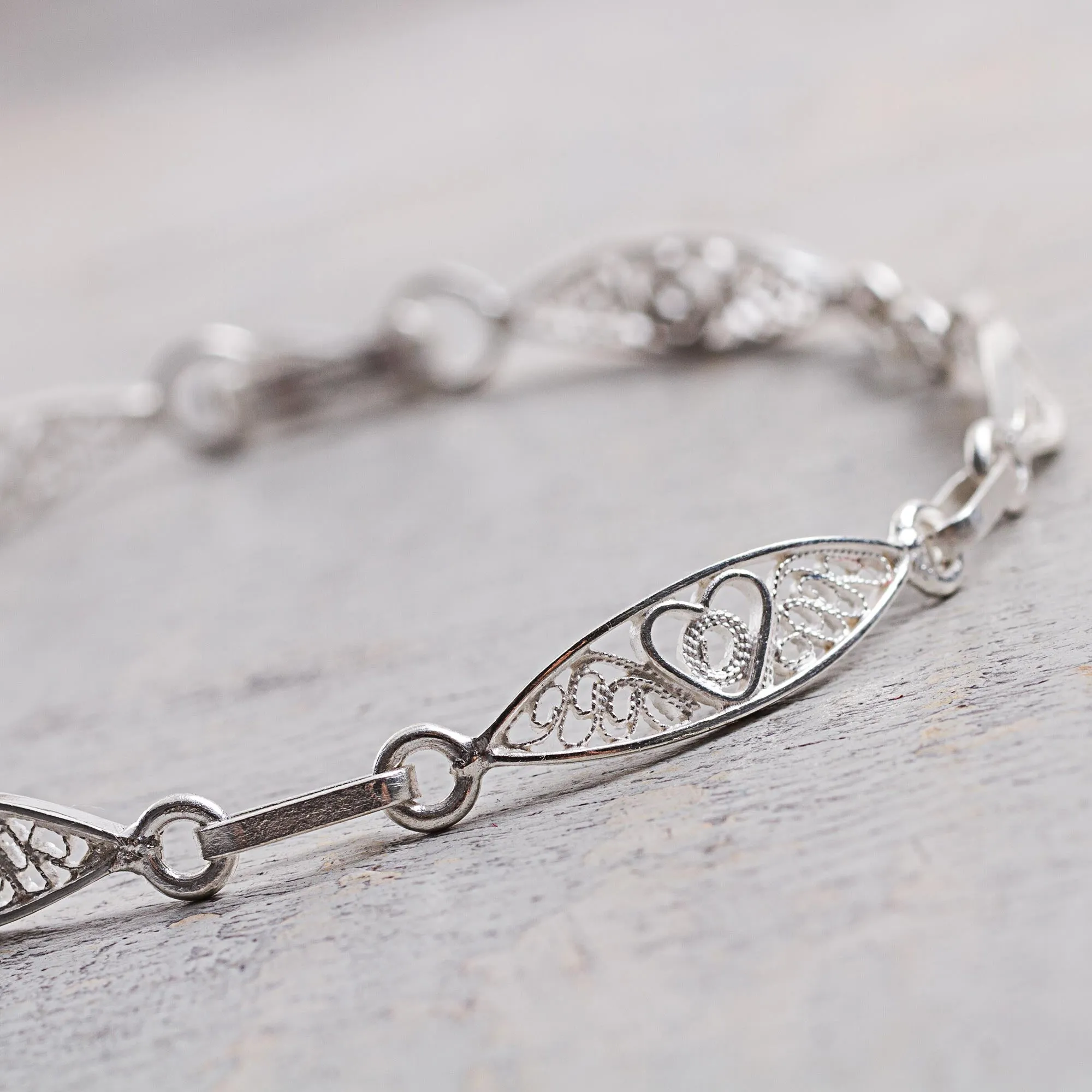 Sterling Silver Filigree Heart Motif Link Bracelet from Peru - Sweet Hearts | NOVICA