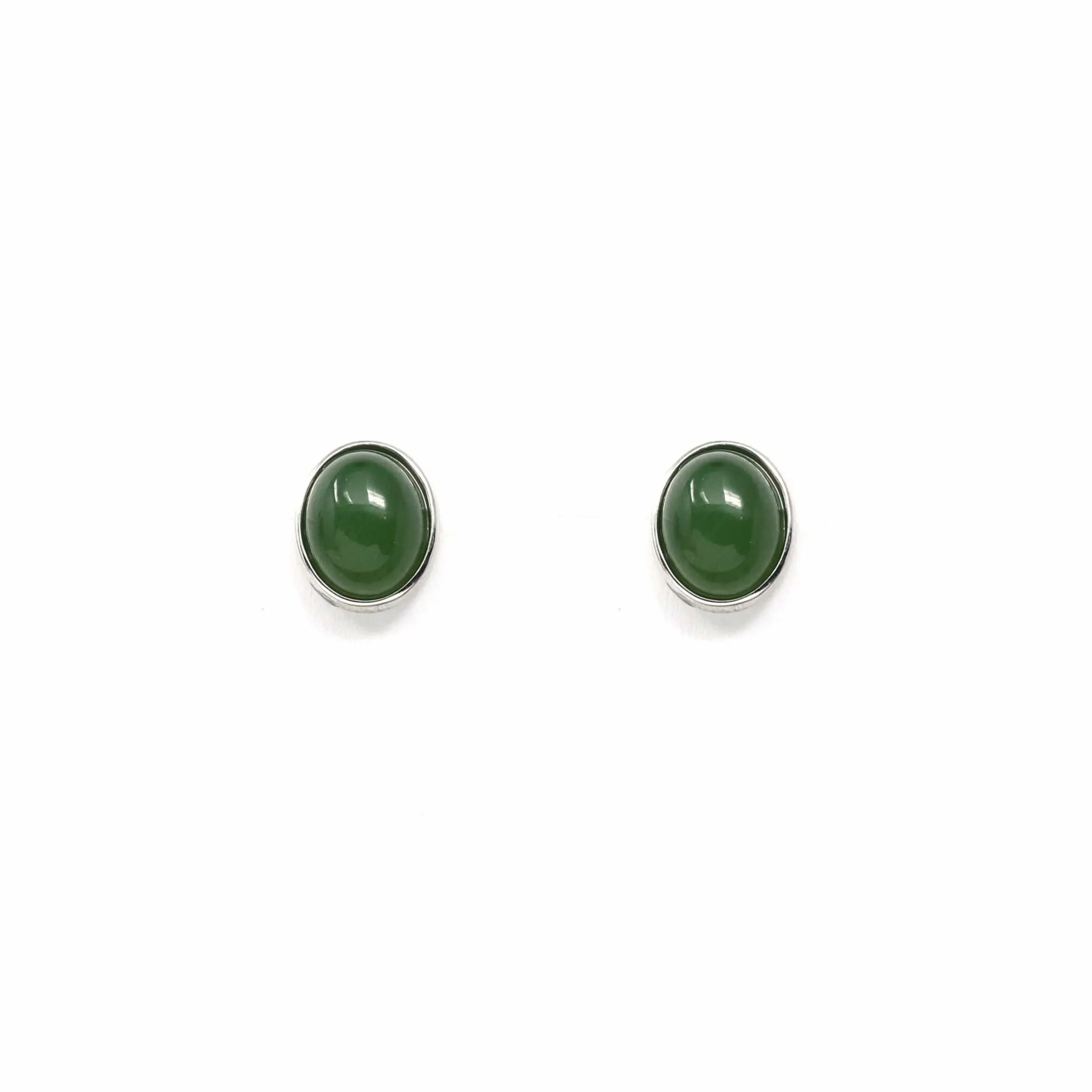 Sterling Silver Genuine Nephrite Green Jade Oval Stud Earrings