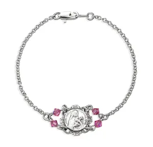 Sterling Silver St. Therese Medal with Fine Crystal Pink Beads on Platinum Plated Rolo Bracelet 7 1/2" - BRS3631R