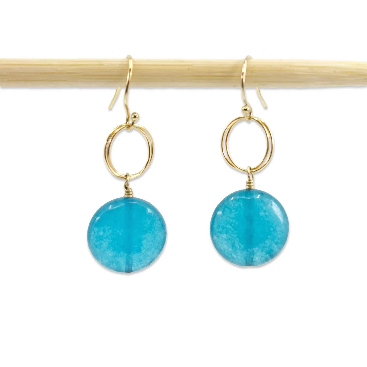 Teal Jade Circle Drop Earrings in Sterling Silver or Gold