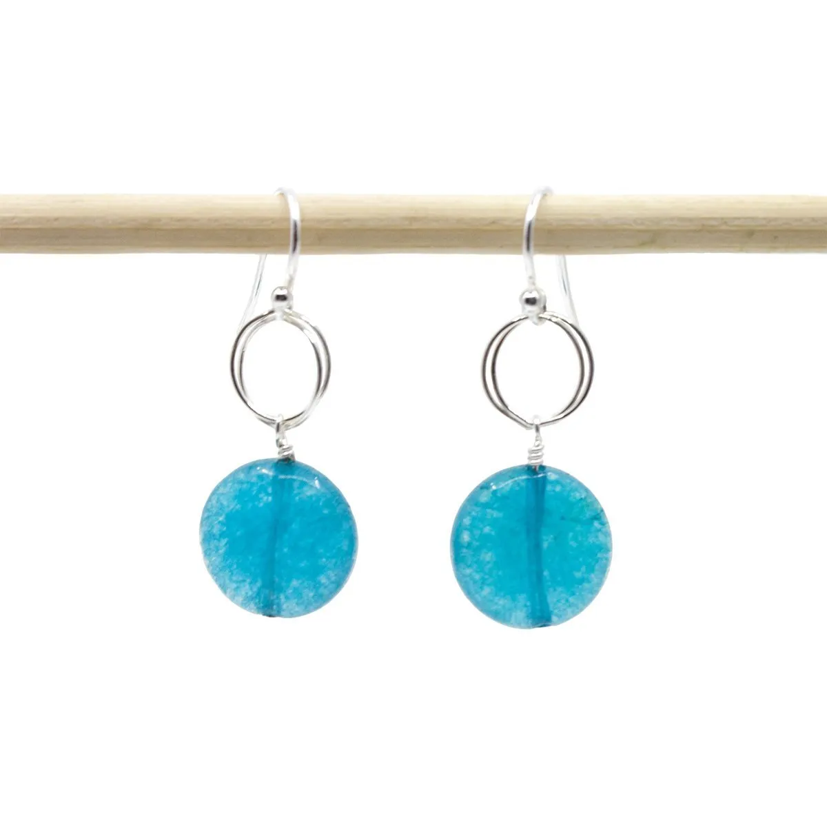 Teal Jade Circle Drop Earrings in Sterling Silver or Gold