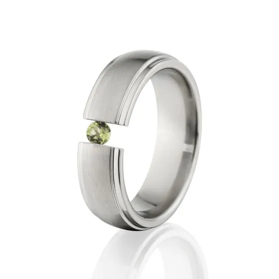 Tension Set Peridot Ring, Peridot Ring, 7mm Titanium Ring