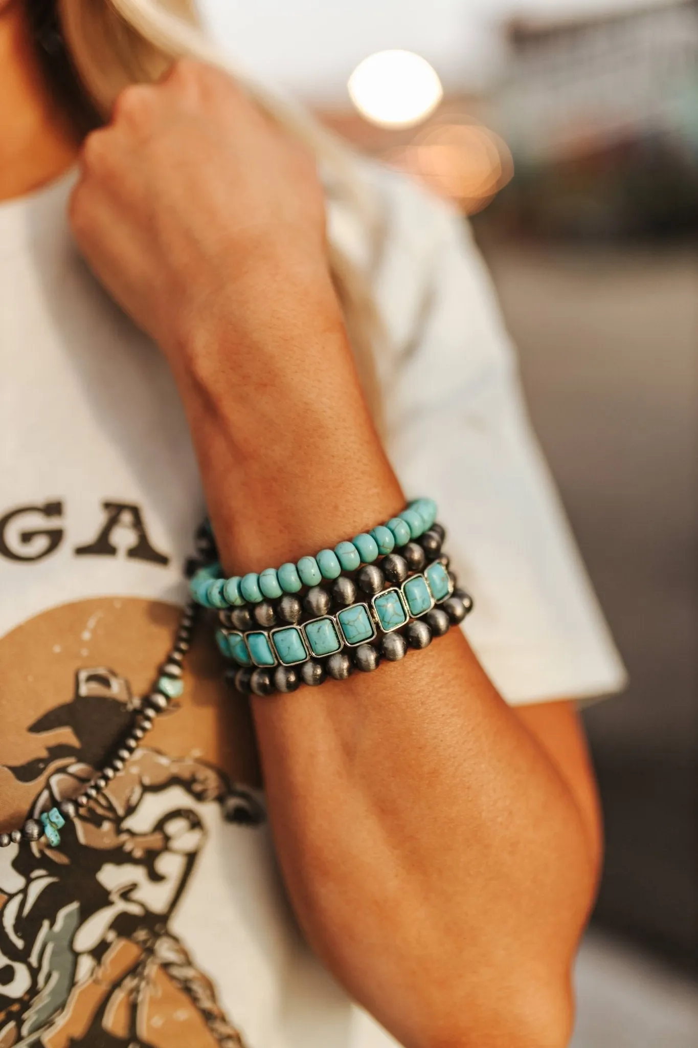 Turquoise Bead and Silver Bracelet Set