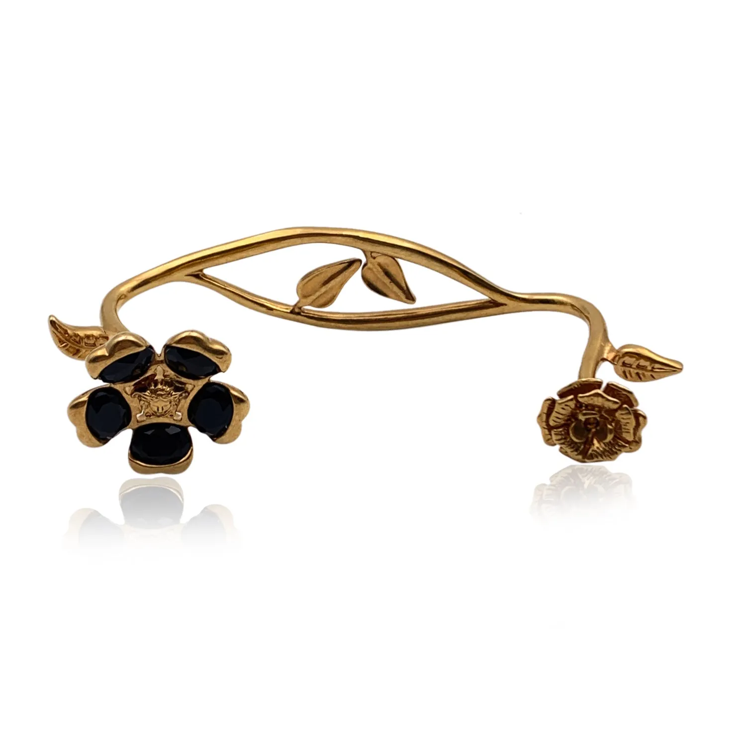 Versace Gold Metal V-Floral Garden Hand Cuff Bracelet Black