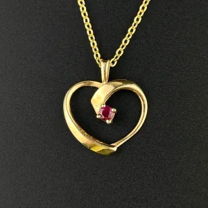 Vintage 10K Gold Heart Ruby Charm Pendant Necklace