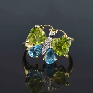 Vintage Peridot Blue Topaz Diamond Butterfly Ring