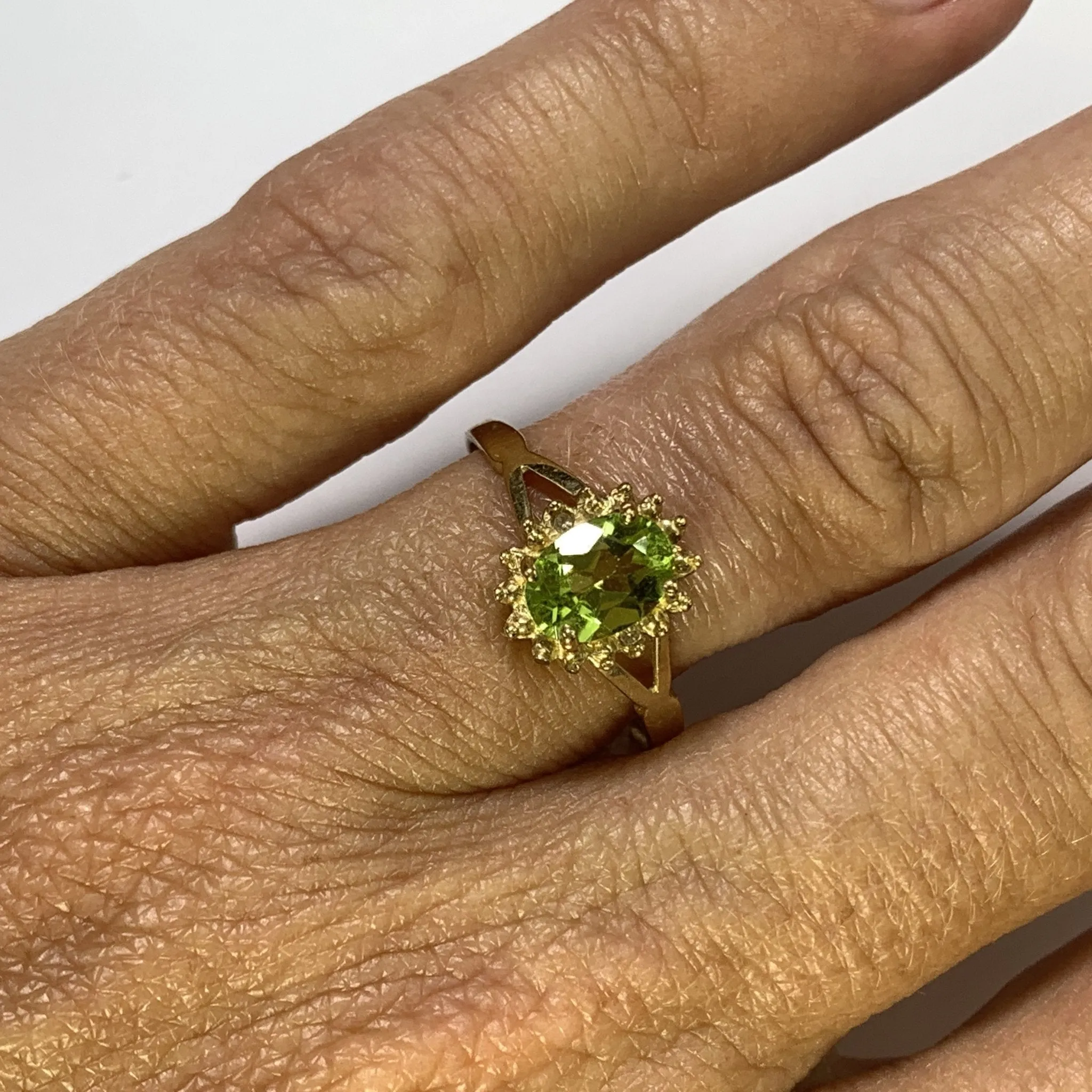 Vintage Peridot Ring. Diamond Accents. 10K Yellow Gold. August Birthstone. 16th Anniversary Gift.