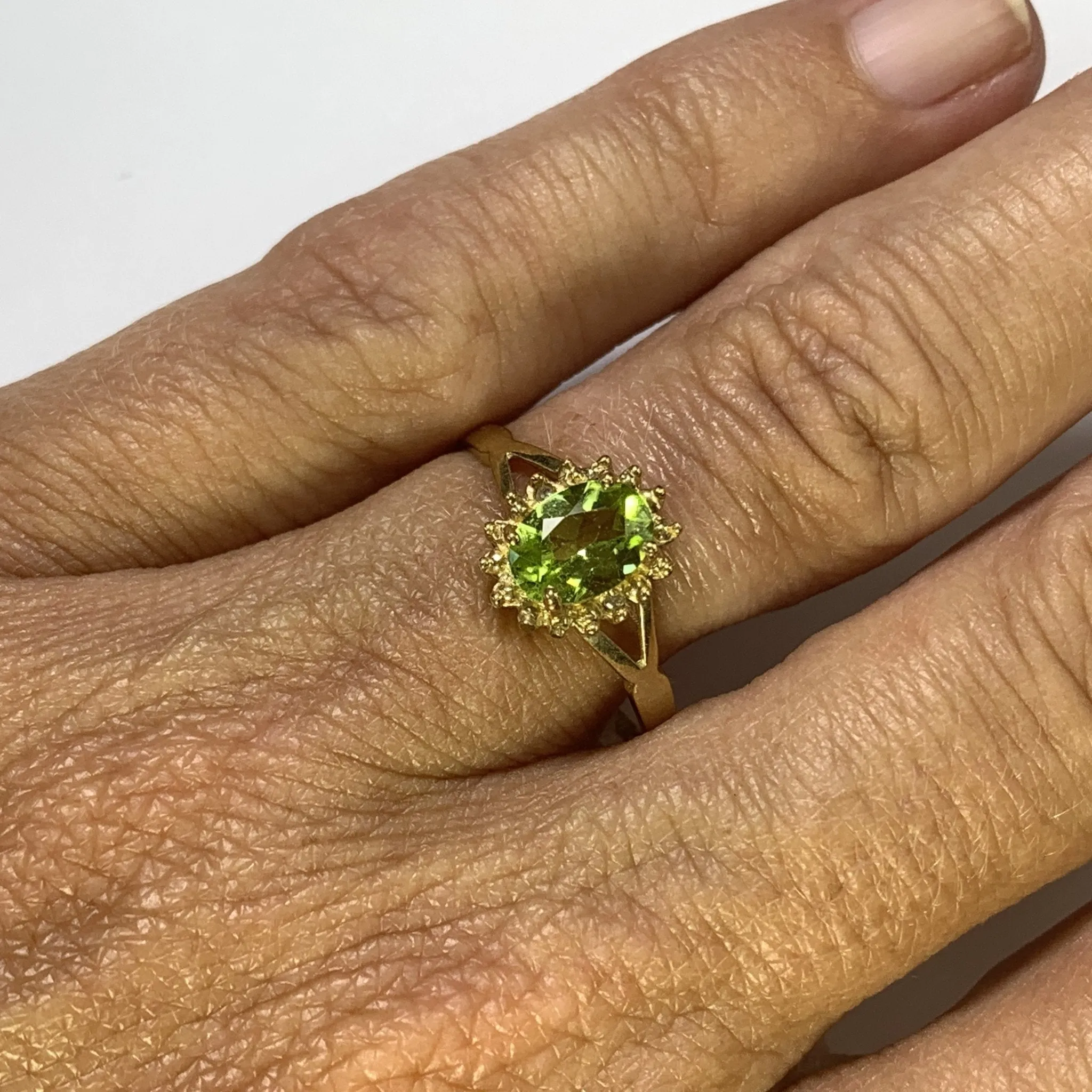 Vintage Peridot Ring. Diamond Accents. 10K Yellow Gold. August Birthstone. 16th Anniversary Gift.