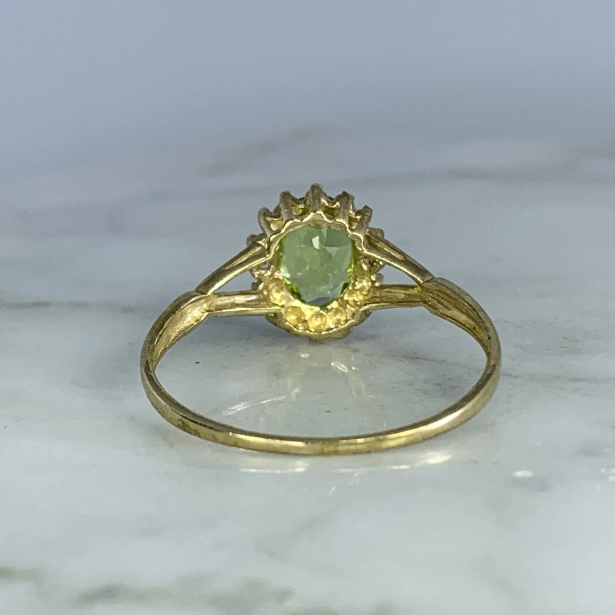 Vintage Peridot Ring. Diamond Accents. 10K Yellow Gold. August Birthstone. 16th Anniversary Gift.