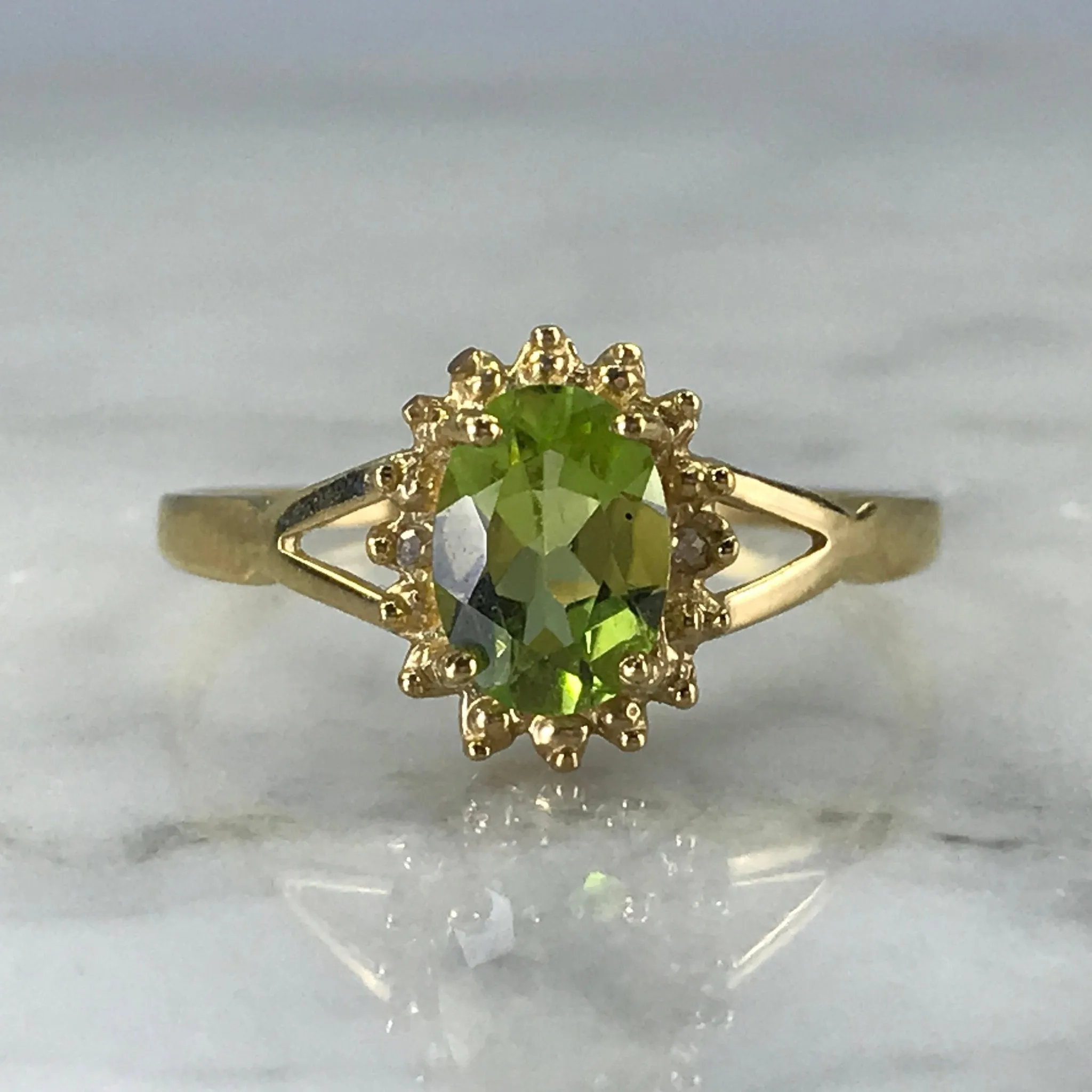 Vintage Peridot Ring. Diamond Accents. 10K Yellow Gold. August Birthstone. 16th Anniversary Gift.