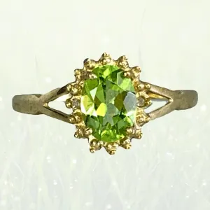 Vintage Peridot Ring. Diamond Accents. 10K Yellow Gold. August Birthstone. 16th Anniversary Gift.