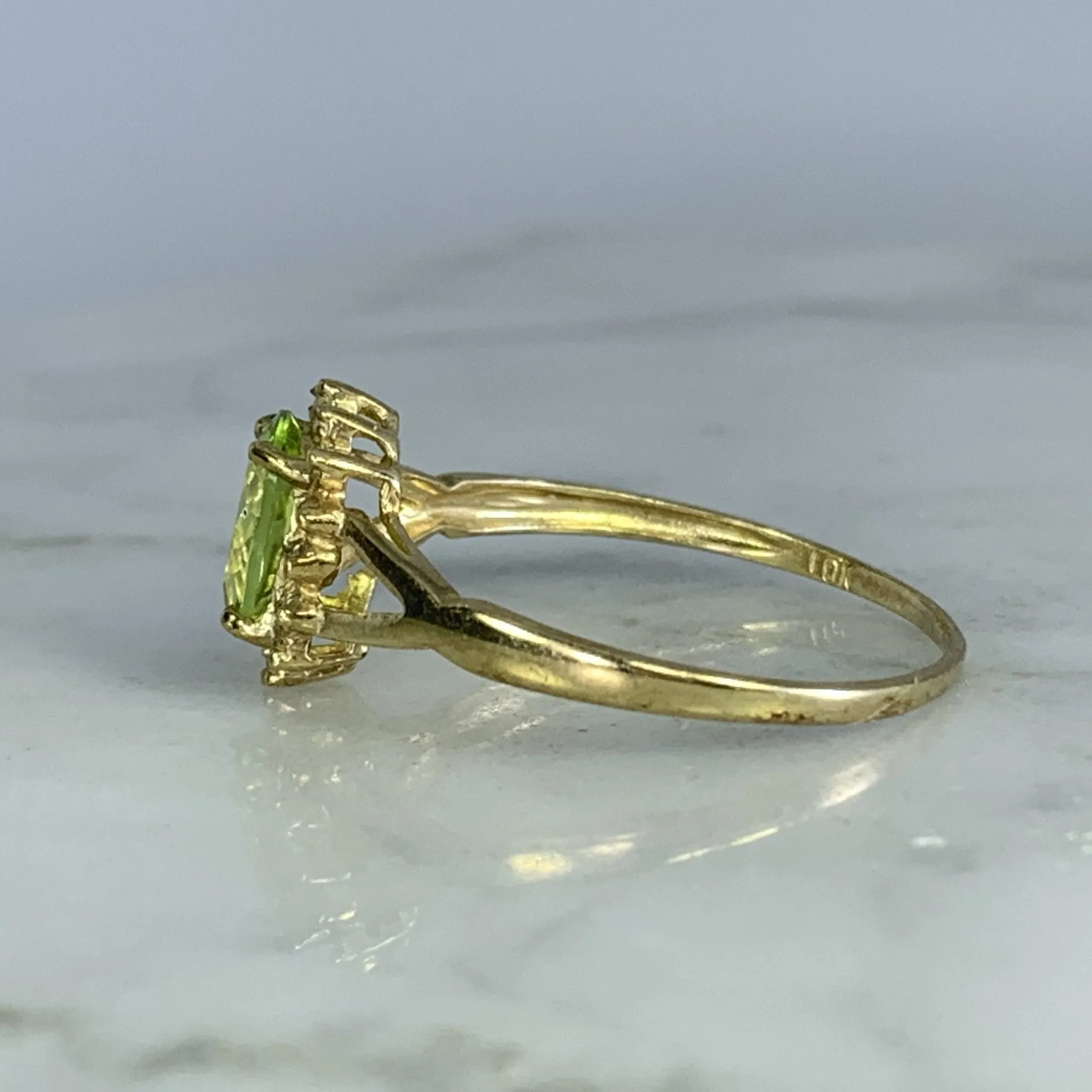 Vintage Peridot Ring. Diamond Accents. 10K Yellow Gold. August Birthstone. 16th Anniversary Gift.